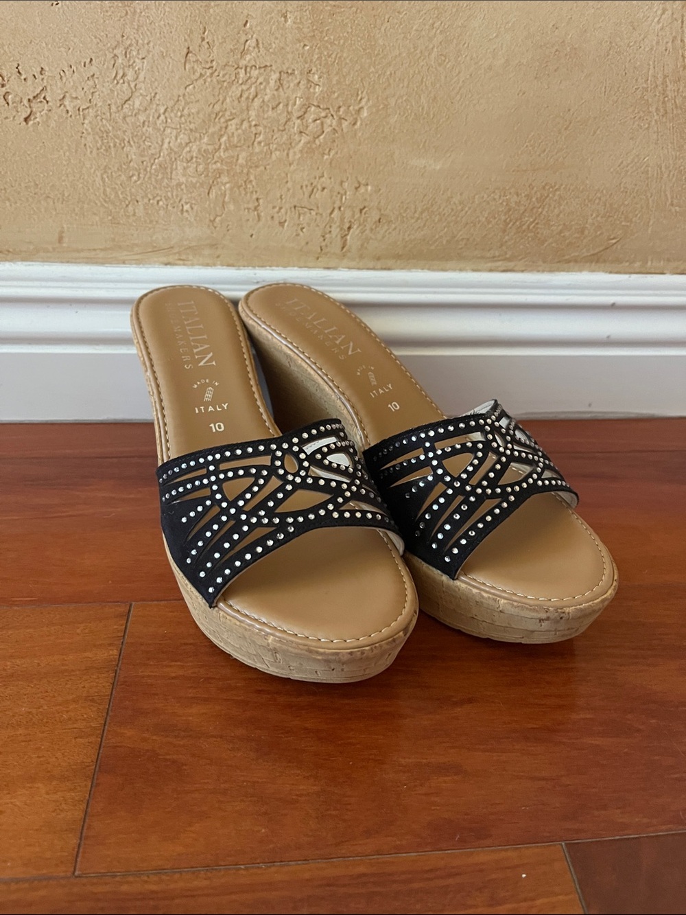 NWOT Italian Shoemakers Black Rhinestoned Wedges Size 10